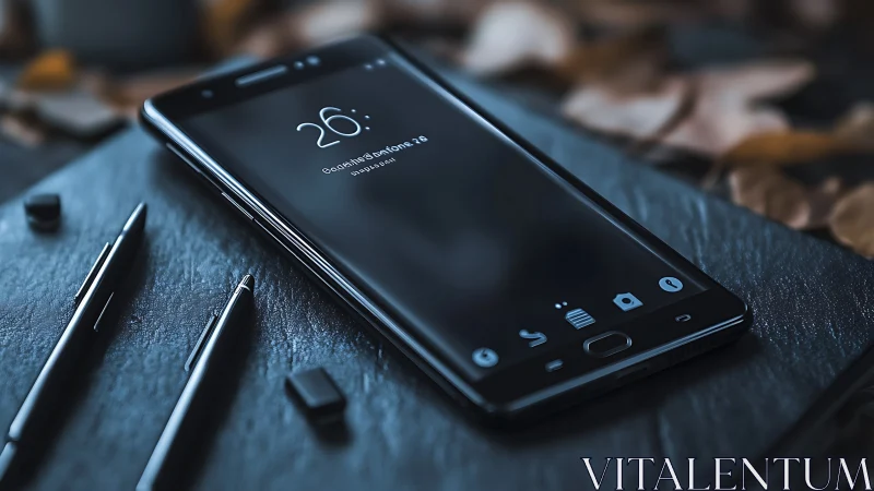 Sleek smartphone displaying time amid workspace studio setting.