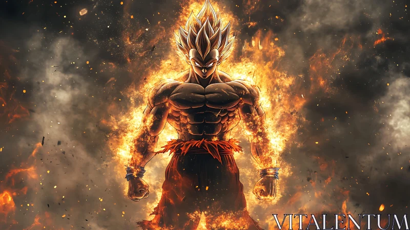 Flaming warrior stands in explosive inferno with stylized aura.