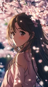 Anime girl stands under dense cherry blossoms in soft focus