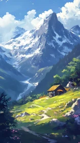Sunlit mountain meadow cradles a lone cottage in silence