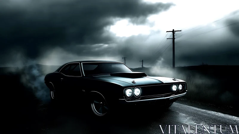 Muscle car headlights pierce stormy dusk along wet roadside