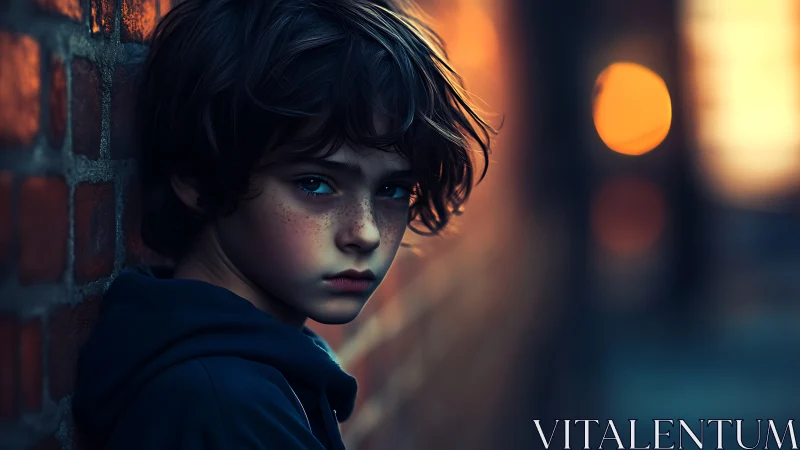 Boy stands against brick wall in shallow depth of field portrait
