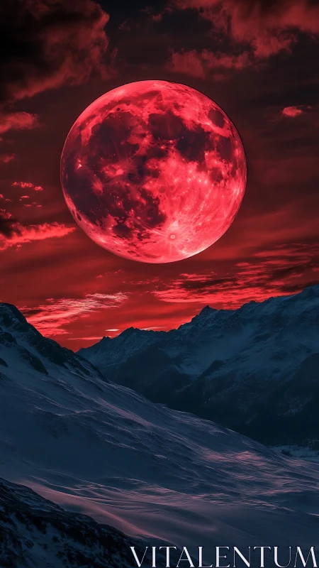 Crimson supermoon rises above shadowed snowy mountainscape.