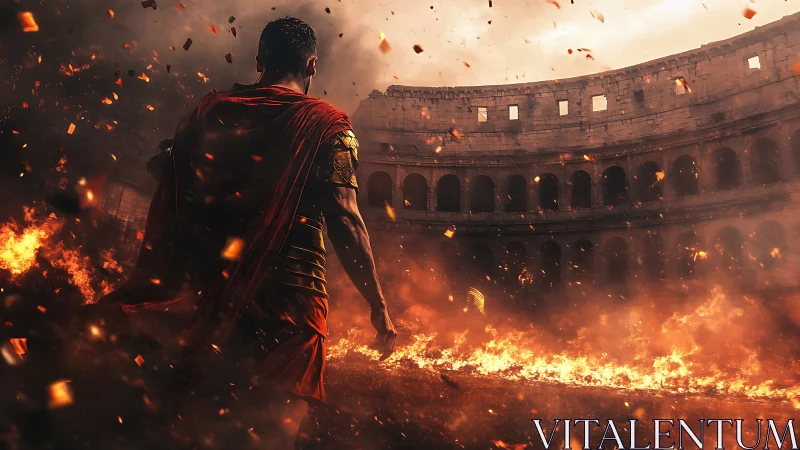 Blazing arena frames a lone Roman warrior in fierce resolve