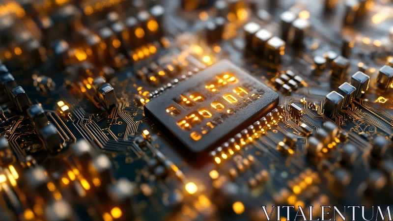 Glowing microchip on dense circuit board with illuminated traces