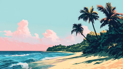 Tropical Beach Landscape with Palm Trees and Ocean.