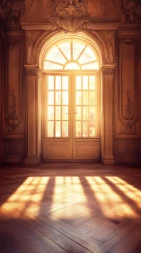Backlit baroque doorway casts diffused grids of golden light