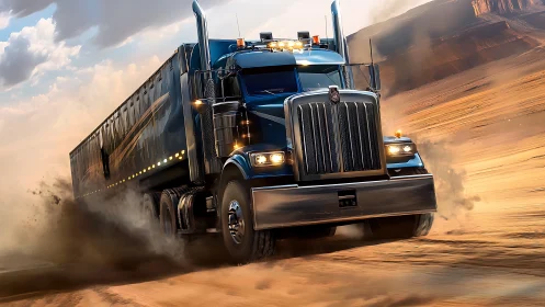 Midnight blue highway truck charging through desert dust.