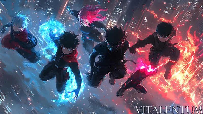 Five airborne heroes descend over neon city skyline at night