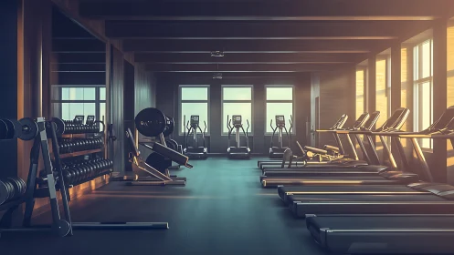 Modern empty gym interior with treadmills and weights equipment.