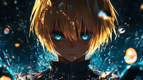 Storm-eyed hero rising from a swirl of cosmic embers.