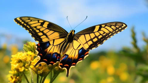 Sunlit swallowtail spreads painted wings above meadow gold
