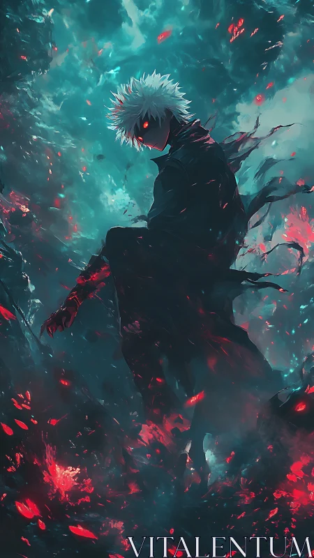 Anime dark sorcerer in fragmented infernal vortex composition.