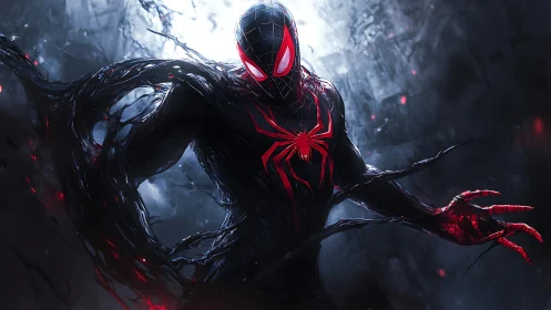 Dynamic venomous spider-hero in dark symbiotic suit illustration.