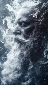 Storm-kissed elder spirit drifts through swirling silver mist