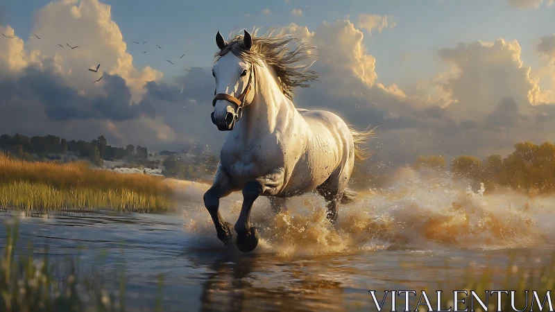 Galloping white horse charges through a glowing river at dusk.