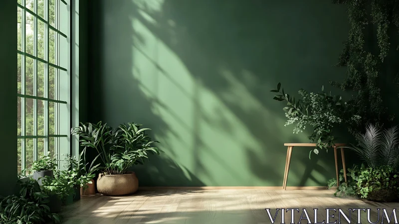 Biophilic interior corner with green wall and morning light.