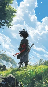 Samurai figure in grassy hillside landscape under sky.