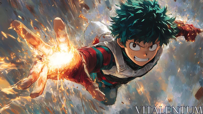 Explosive anime hero charge with fiery power burst.