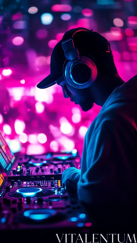 DJ wearing headphones mixes tracks on illuminated console