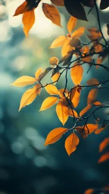 Golden autumn leaves against teal forest bokeh glow.