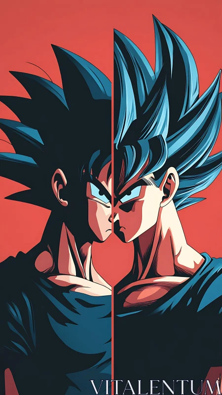 Split-screen blue-haired anime warrior portrait on red field