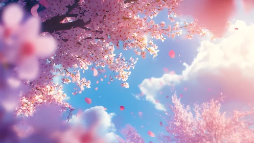 Cherry blossoms frame blue sky while petals drift downward