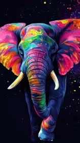 Vibrant cosmic elephant strides through neon starlight.