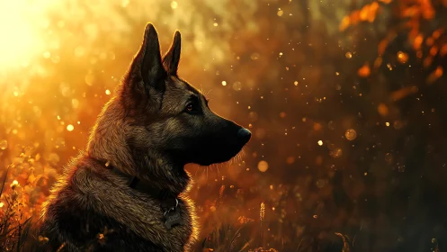 Golden hour German shepherd gazes softly into glowing light