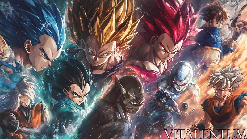 Dynamic anime warriors in elemental battle montage.