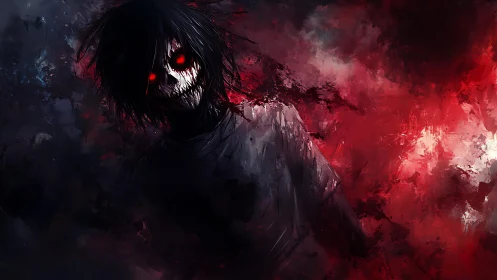 Grinning voidwalker draped in smoke and arterial crimson.