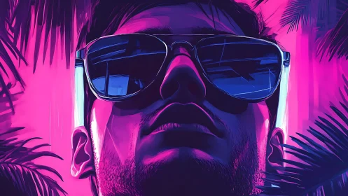 Man in neon sunglasses stares upward in stylized portrait