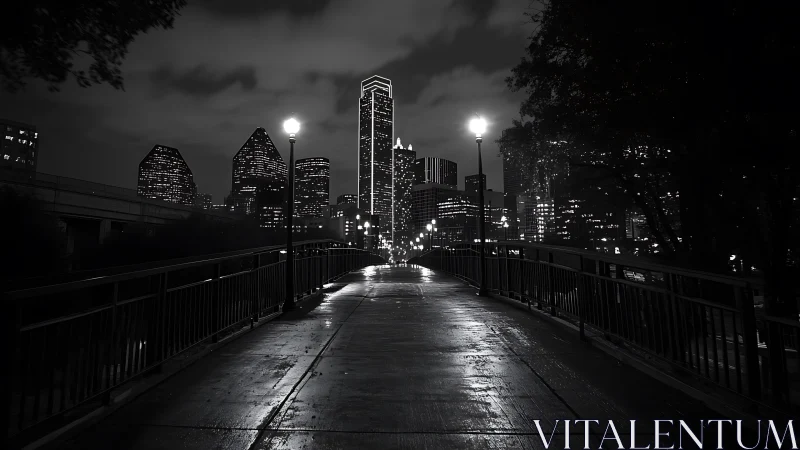 Midnight bridge glimmers toward a brooding glass skyline.
