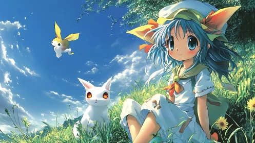 Summer hillside daydream with anime girl, cat, and sprite.
