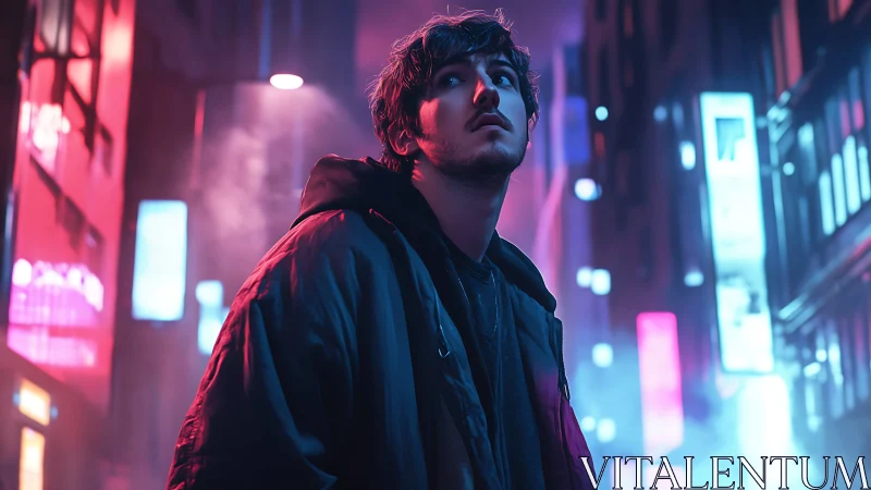 Man stands in neon lit alleyway under diffused night lighting