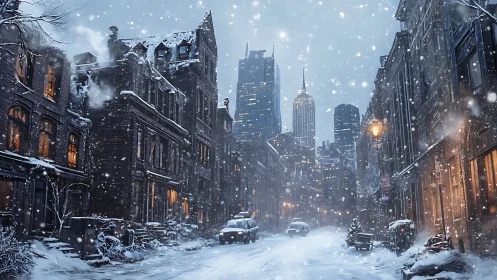 Winter urban street vista with cinematic depth perspective.