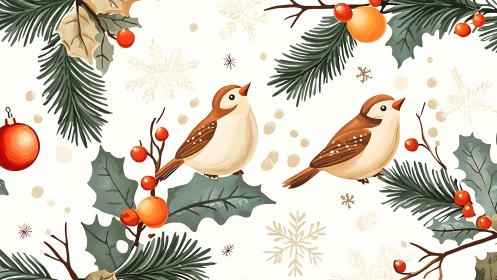 Festive sparrows rest among winter greenery and ornaments.