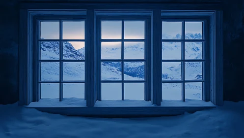 Triple-paned silence frames a blue hour mountain dreamscape