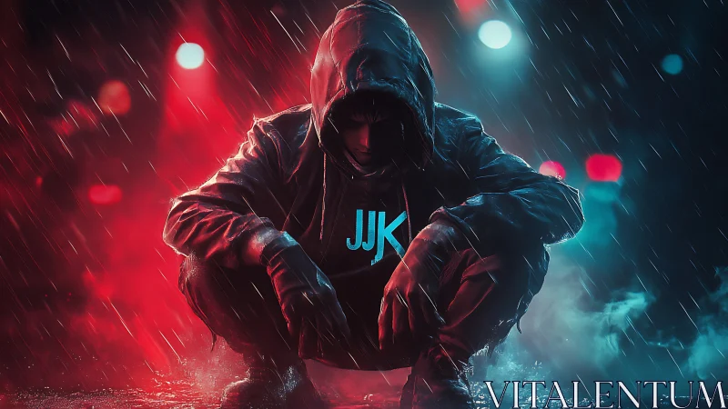 Hooded street phantom crouches under neon rainstorm glow.