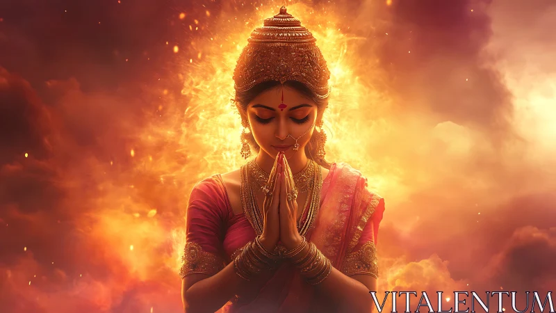 Divine Indian woman prays amid radiant blazing aura of light.
