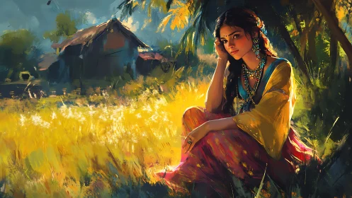 Woman in rural field beside house under strong sunlight.