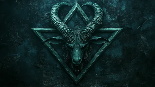 Ram skull emblem with geometric frame on dark textured wall.