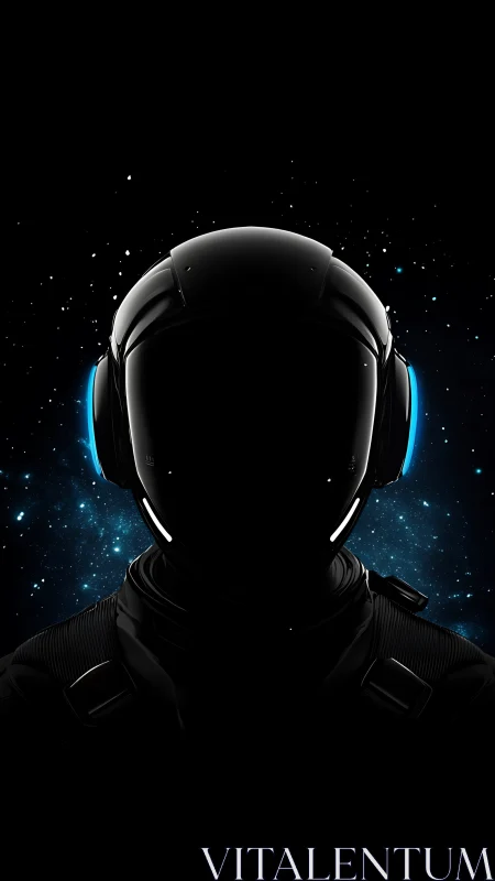 Starlit silhouette of futuristic astronaut in deep void.