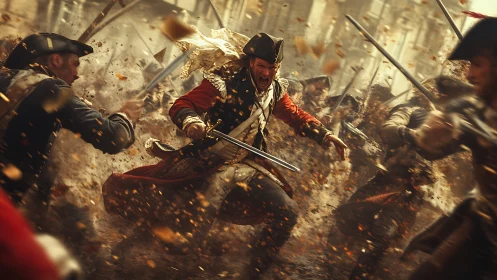 18th century infantry melee under musket fire in urban street