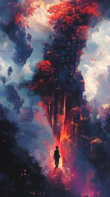 Silhouetted wanderer enters a towering fiery dreamscape.