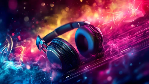 Bold headphones rest in a vibrant swirl of colorful sound