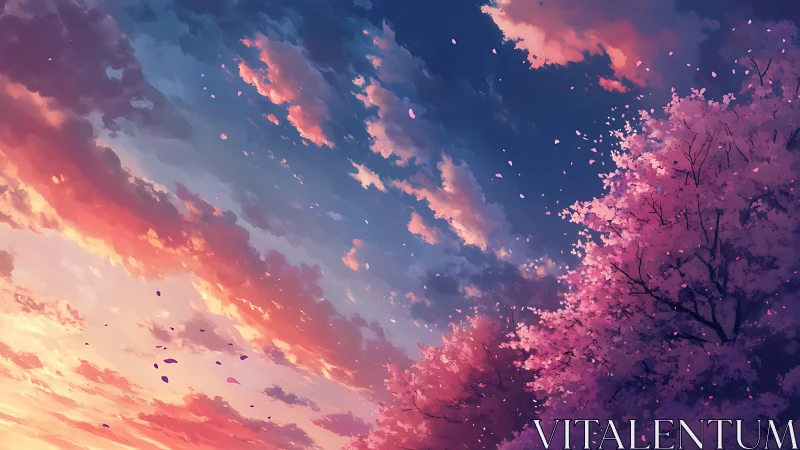 Blossom storm beneath radiant pastel sunset skyscape.