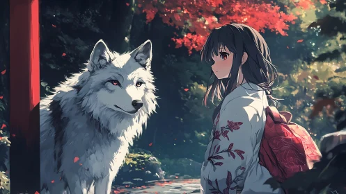 Girl in kimono and white wolf in shaded forest path.