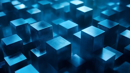 Metallic blue cubes in abstract geometric arrangement, digital art.