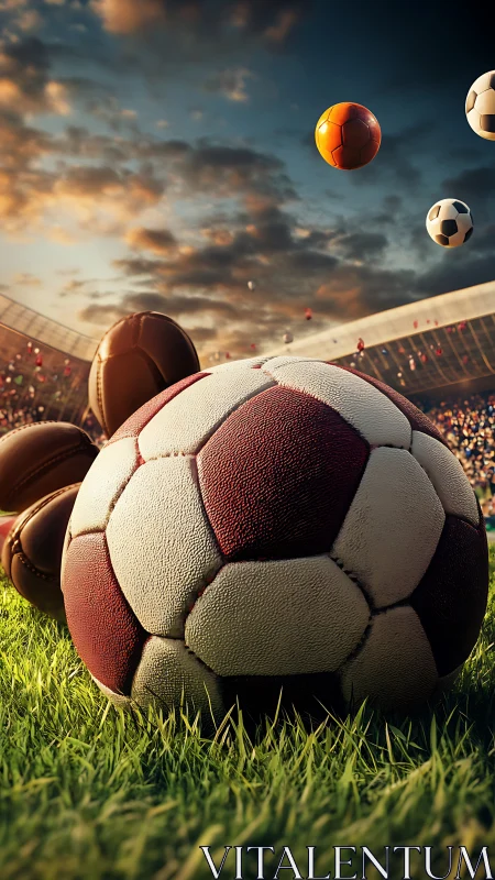 Soccer ball close-up anchors dramatic stadium sky scene.